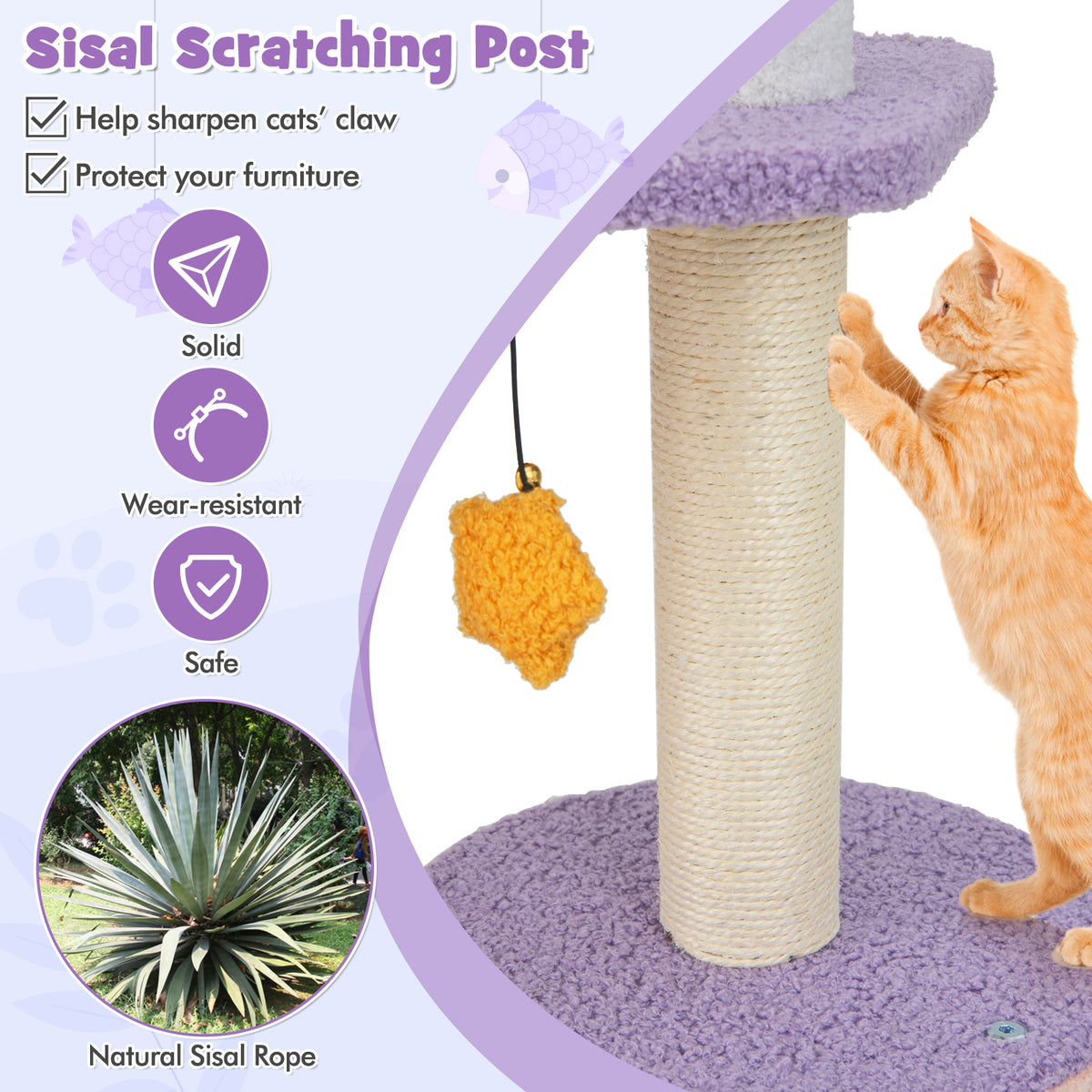 66-Inch Tall Cat Tree Tower with Sisal Scratching Posts - Purple