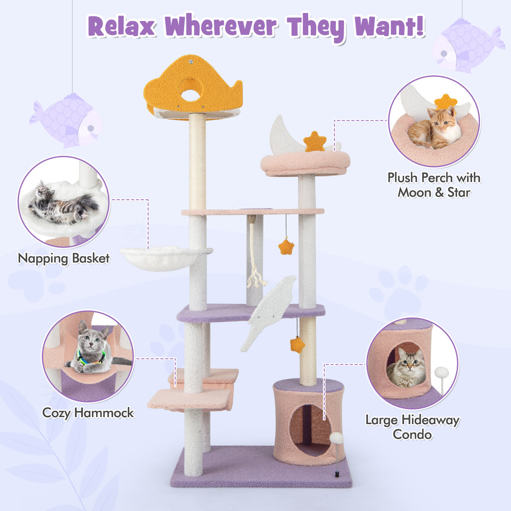 66-Inch Tall Cat Tree Tower with Sisal Scratching Posts - Purple