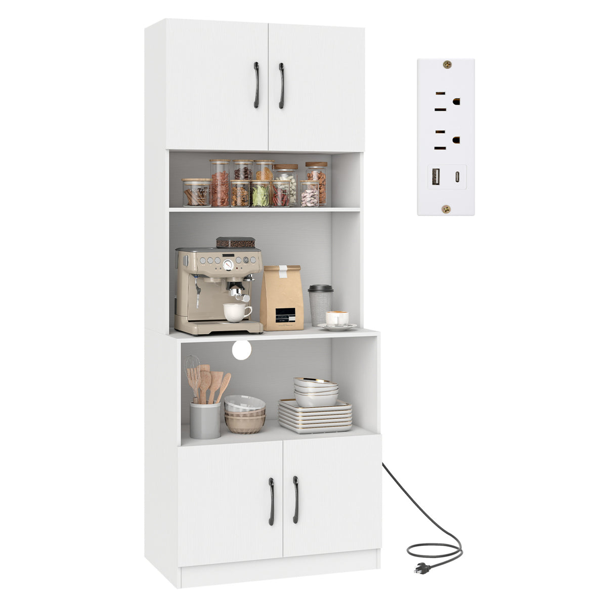 66-Inch Kitchen Pantry Cabinet with Charging Station - White