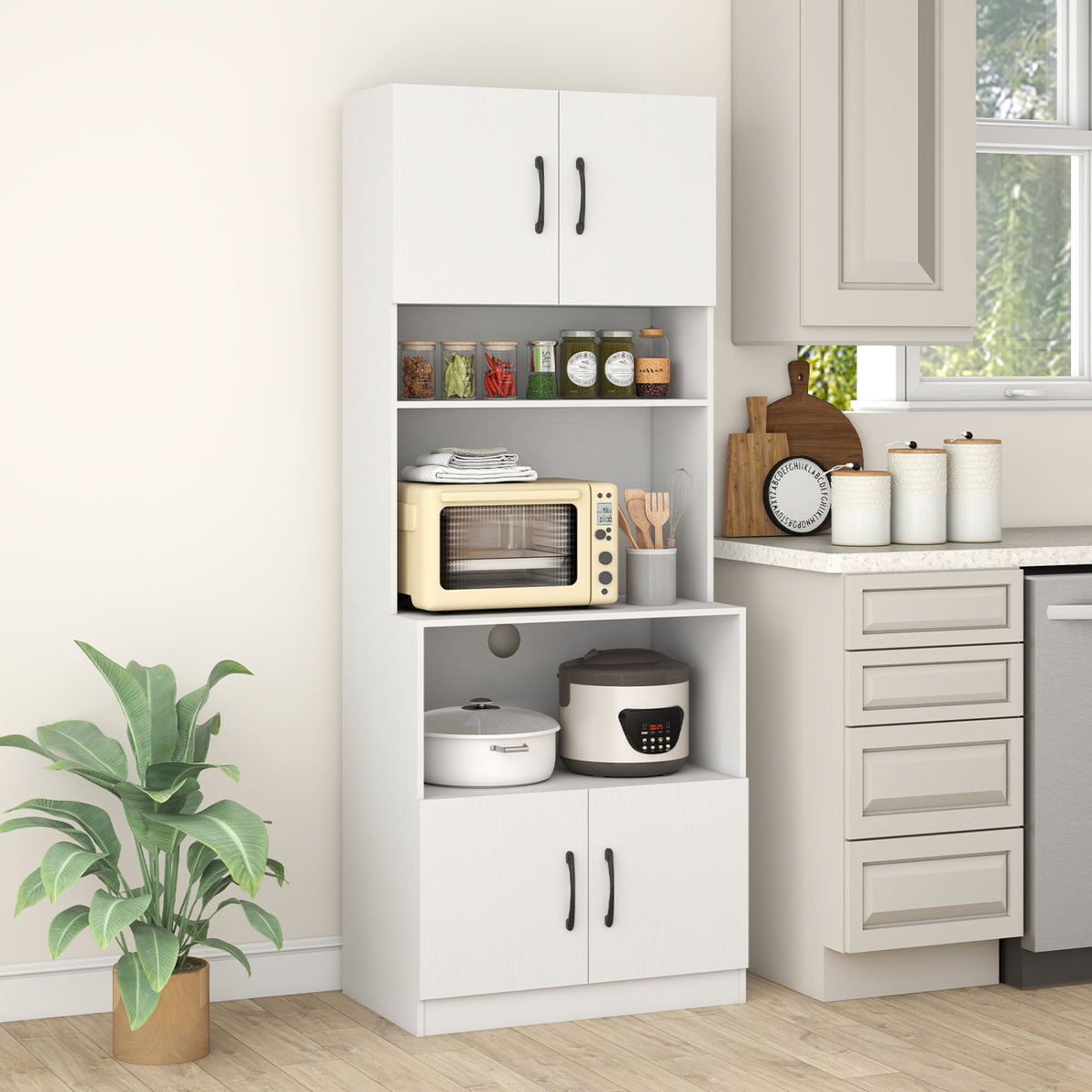66-Inch Kitchen Pantry Cabinet with Charging Station - White
