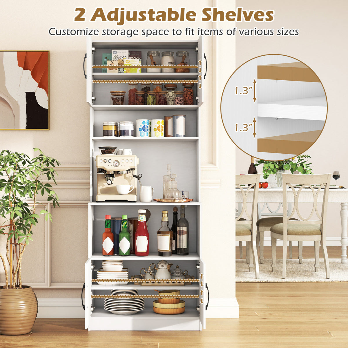 66-Inch Kitchen Pantry Cabinet with Charging Station - White