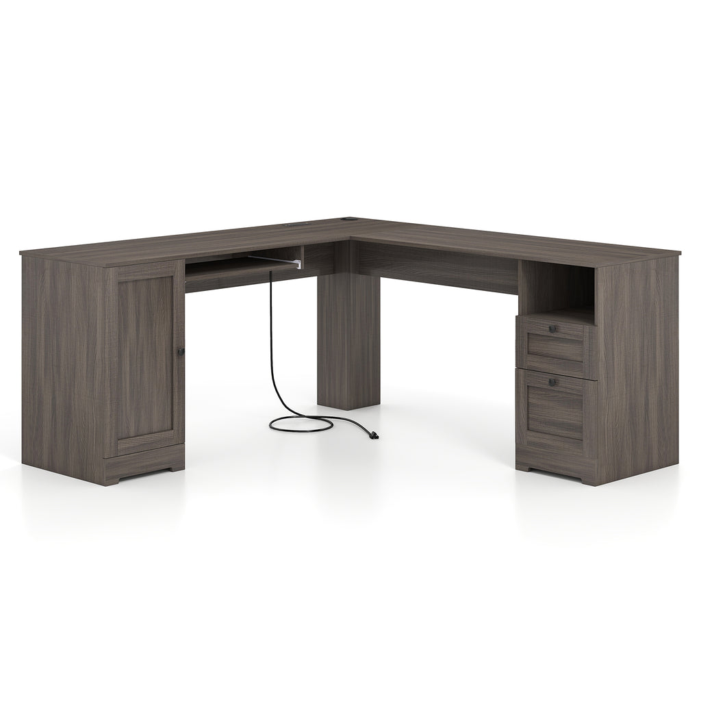 66 Inch L-shaped Computer Desk with Power Outlets