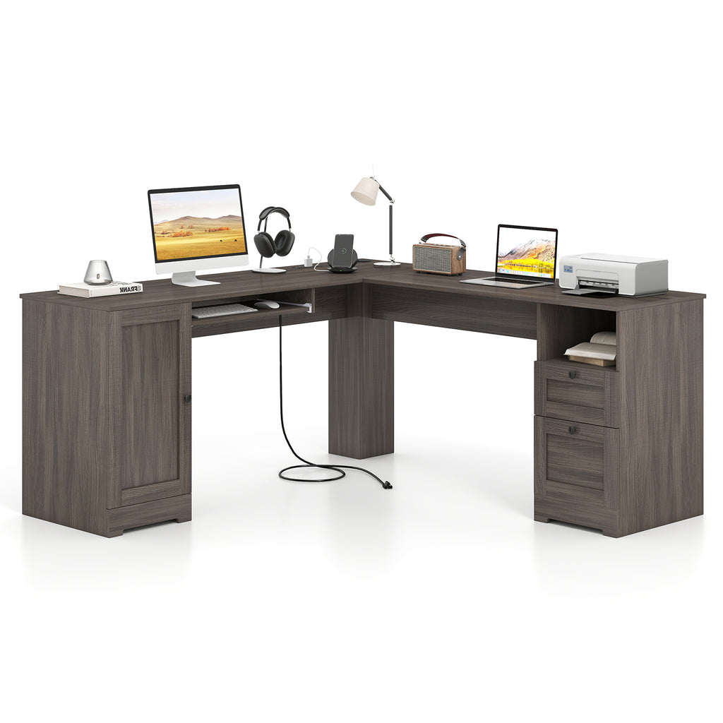 66 Inch L-shaped Computer Desk with Power Outlets