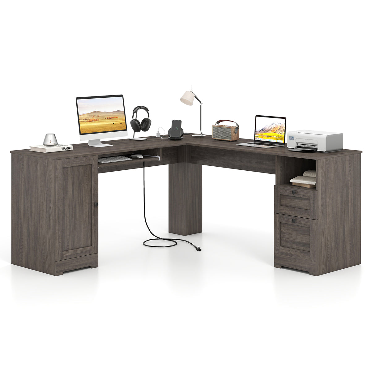 66 Inch L-shaped Computer Desk with Power Outlets