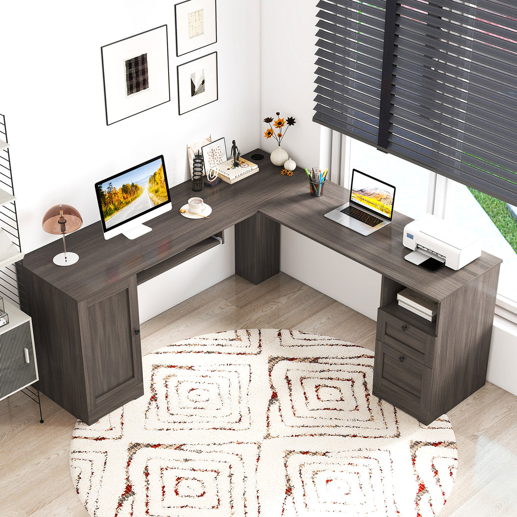 66 Inch L-shaped Computer Desk with Power Outlets
