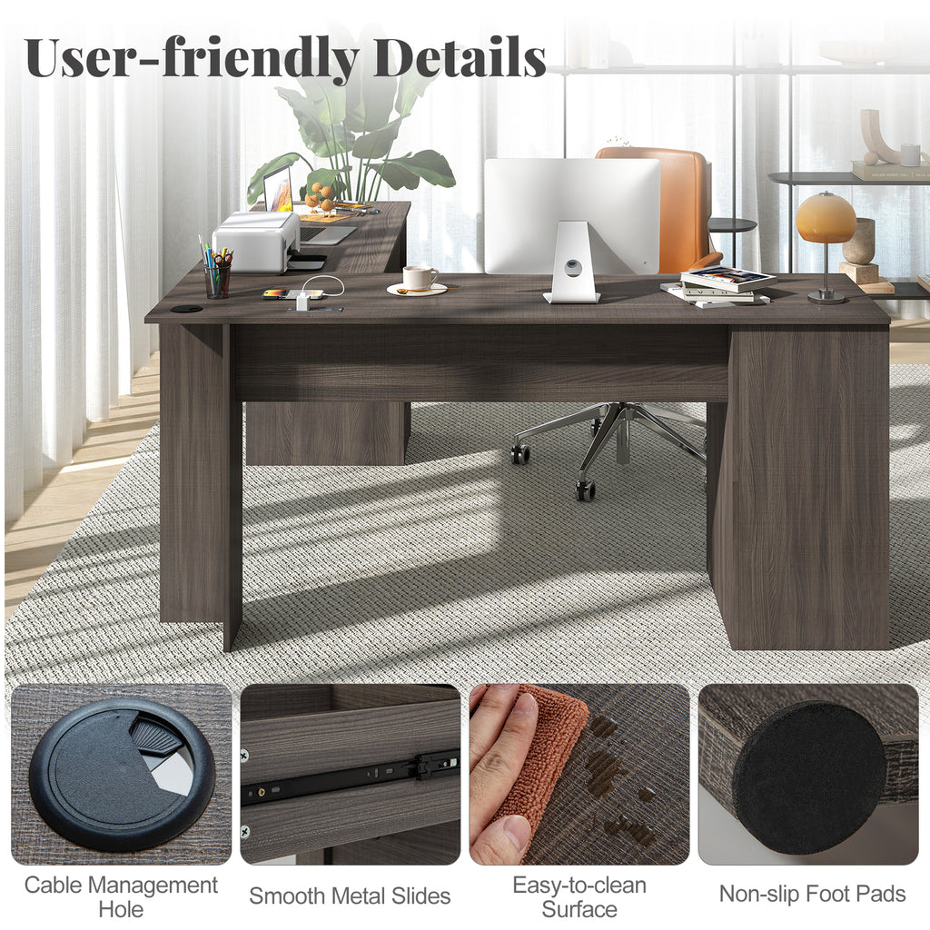 66 Inch L-shaped Computer Desk with Power Outlets