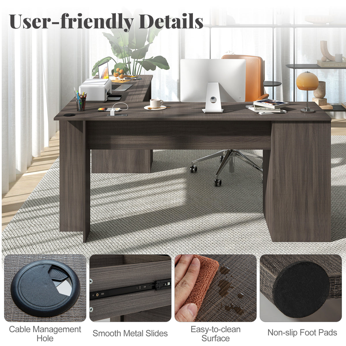 66 Inch L-shaped Computer Desk with Power Outlets
