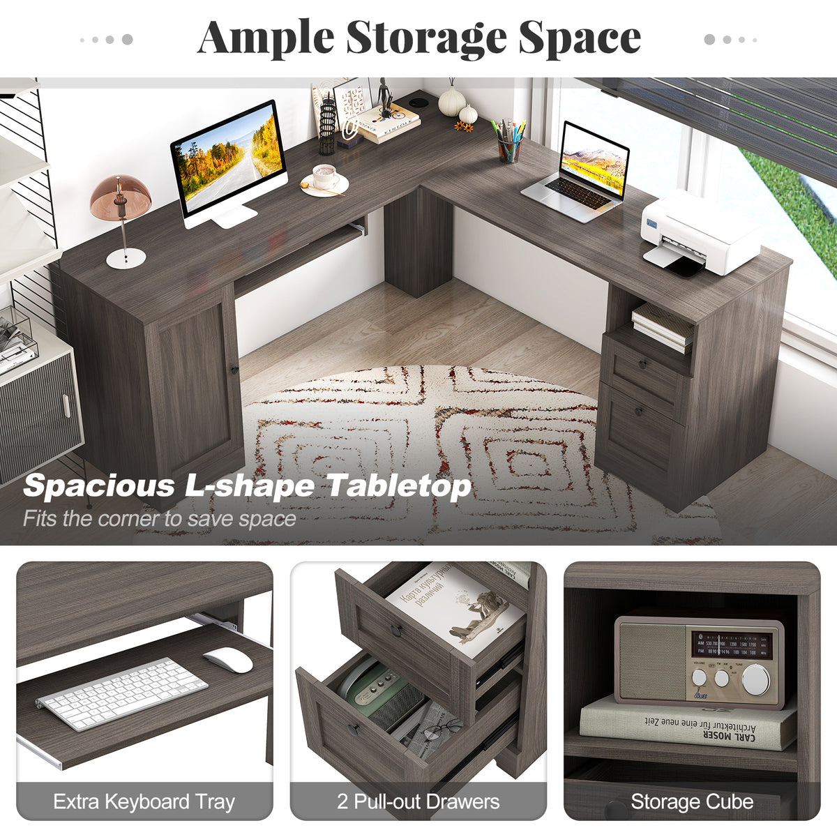 66 Inch L-shaped Computer Desk with Power Outlets