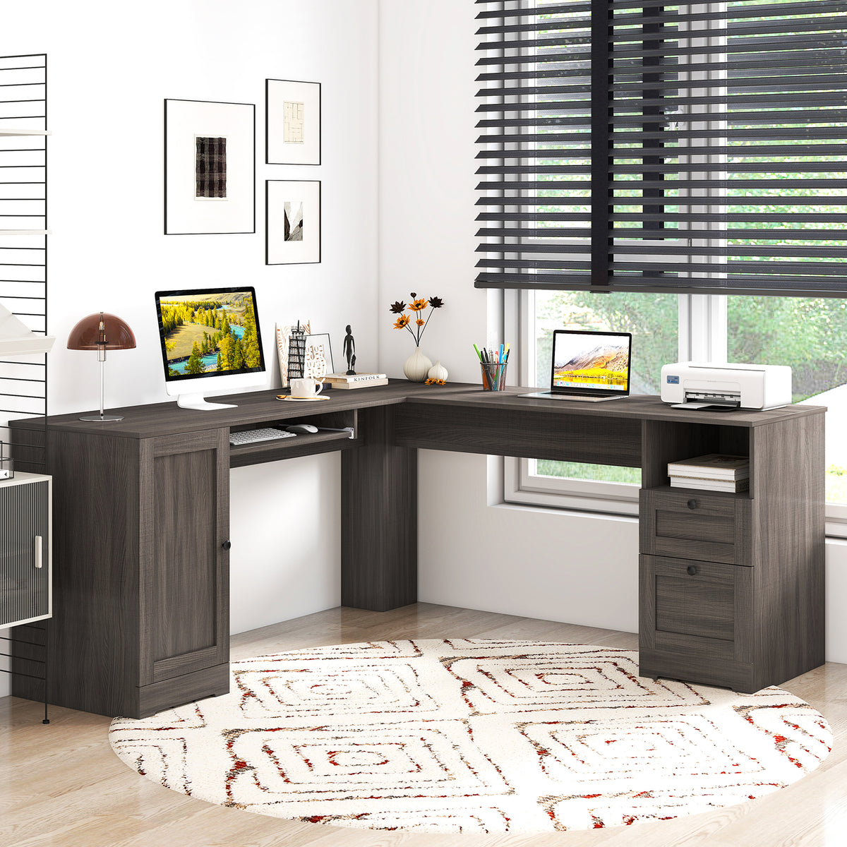 66 Inch L-shaped Computer Desk with Power Outlets