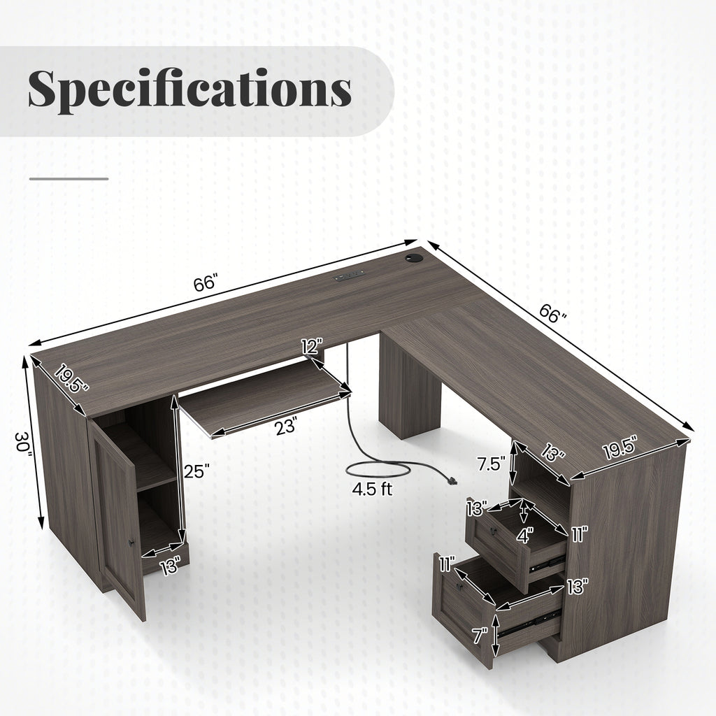 66 Inch L-shaped Computer Desk with Power Outlets