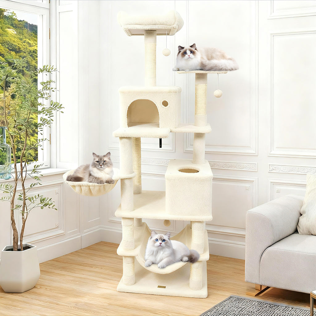 66 Inch Tall Cat Tree Multi-Level Cat Tower with 2 Condos & Sisal Scratching Posts - Beige
