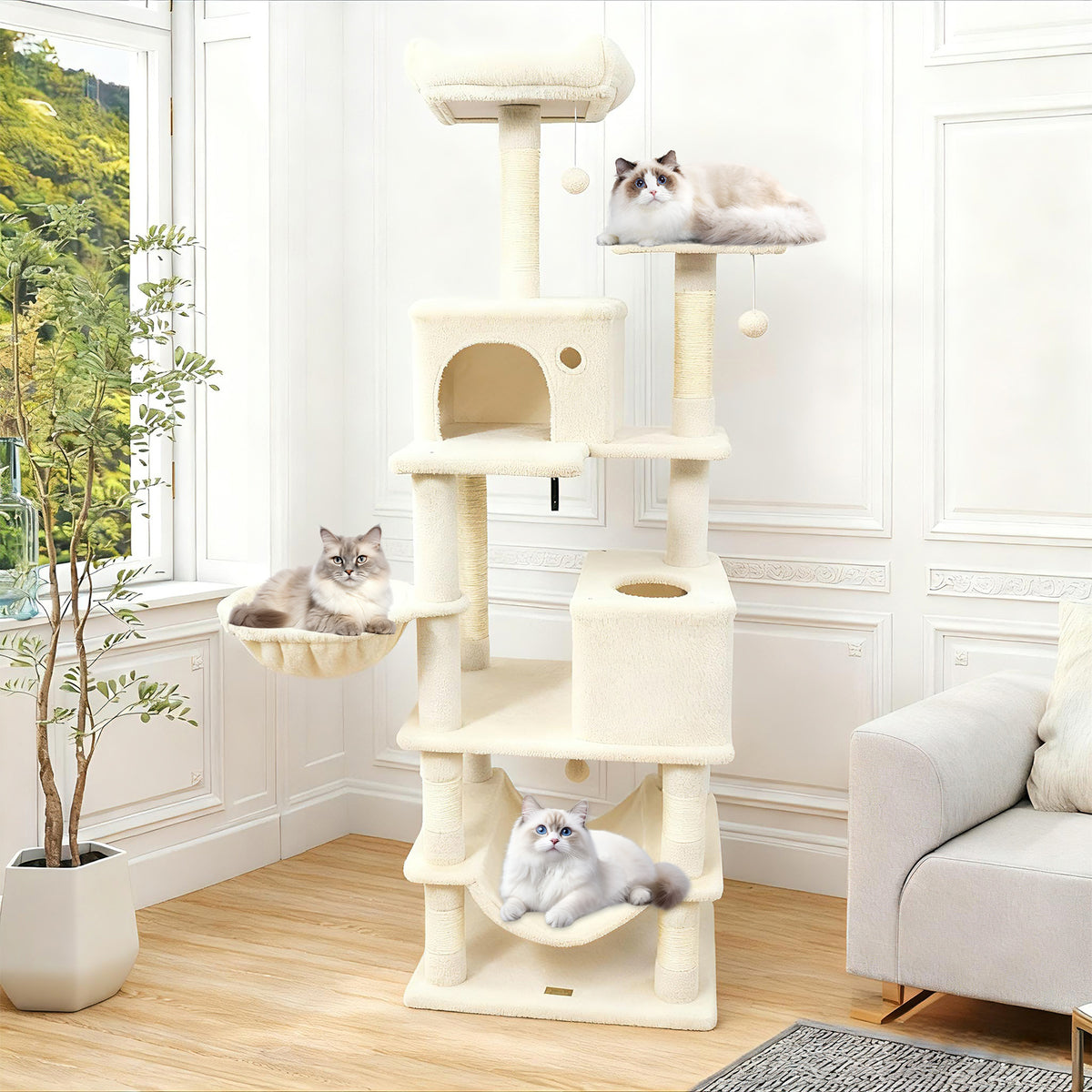 66 Inch Tall Cat Tree with Multi-Level Platforms, 2 Condos, Sisal Posts & Variation - Light Gray