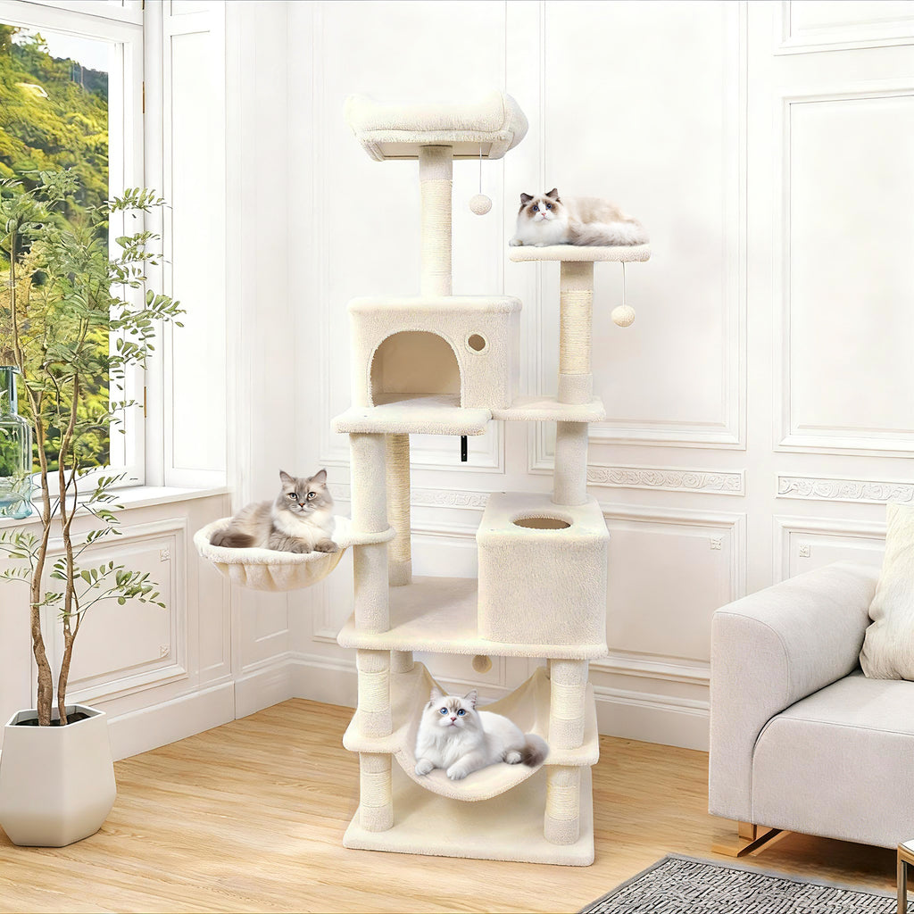 66 Inch Tall Cat Tree Multi-Level Cat Tower with 2 Condos & Sisal Scratching Posts - Beige