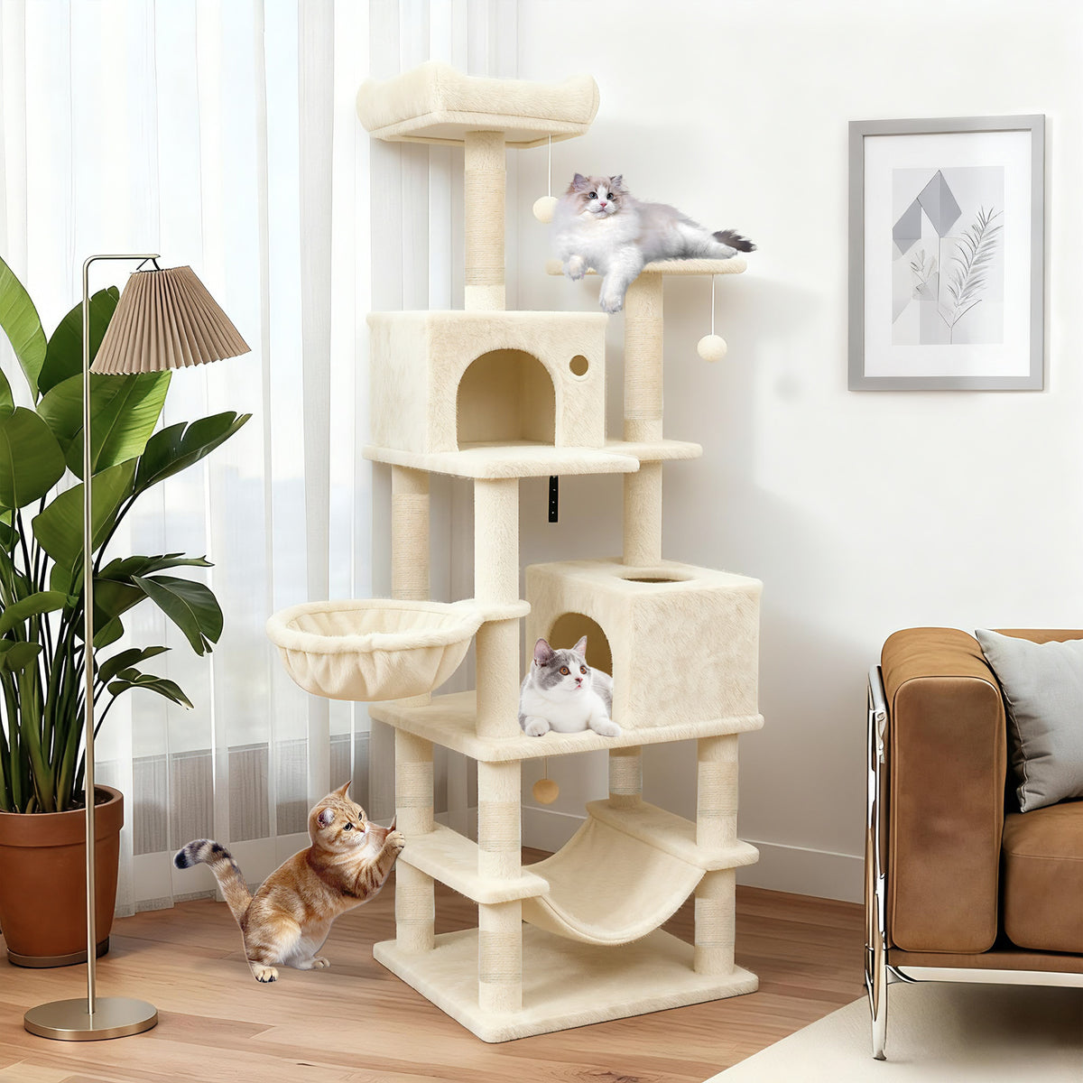 66 Inch Tall Cat Tree Multi-Level Cat Tower with 2 Condos & Sisal Scratching Posts - Beige