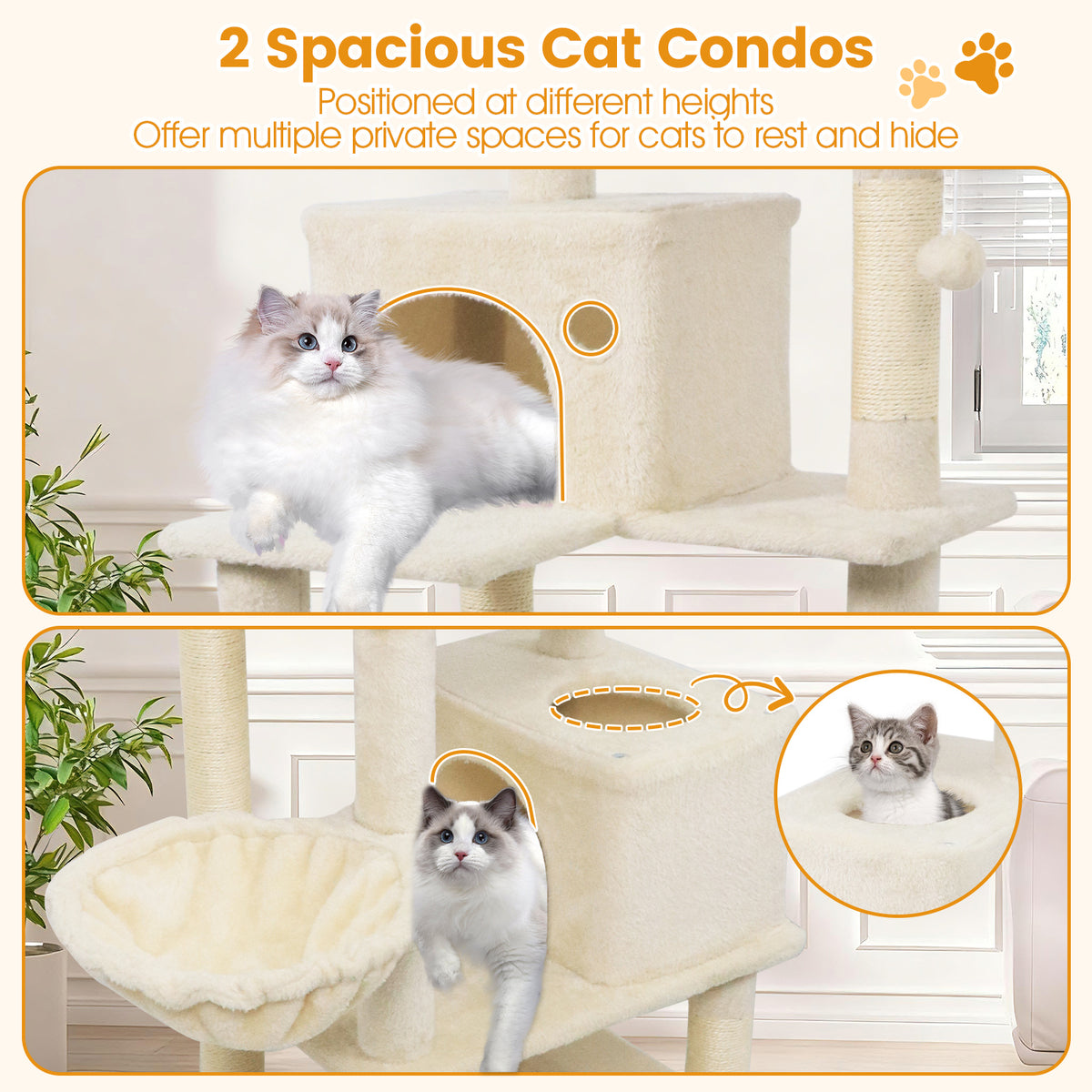 66 Inch Tall Cat Tree Multi-Level Cat Tower with 2 Condos & Sisal Scratching Posts - Beige