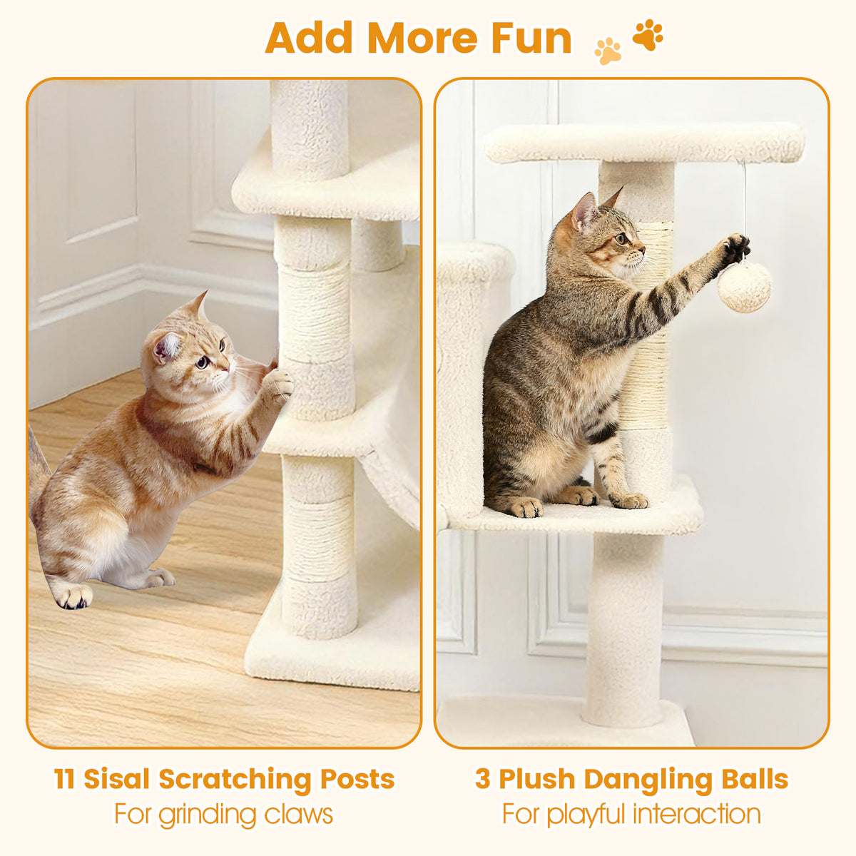 66 Inch Tall Cat Tree Multi-Level Cat Tower with 2 Condos & Sisal Scratching Posts - Beige