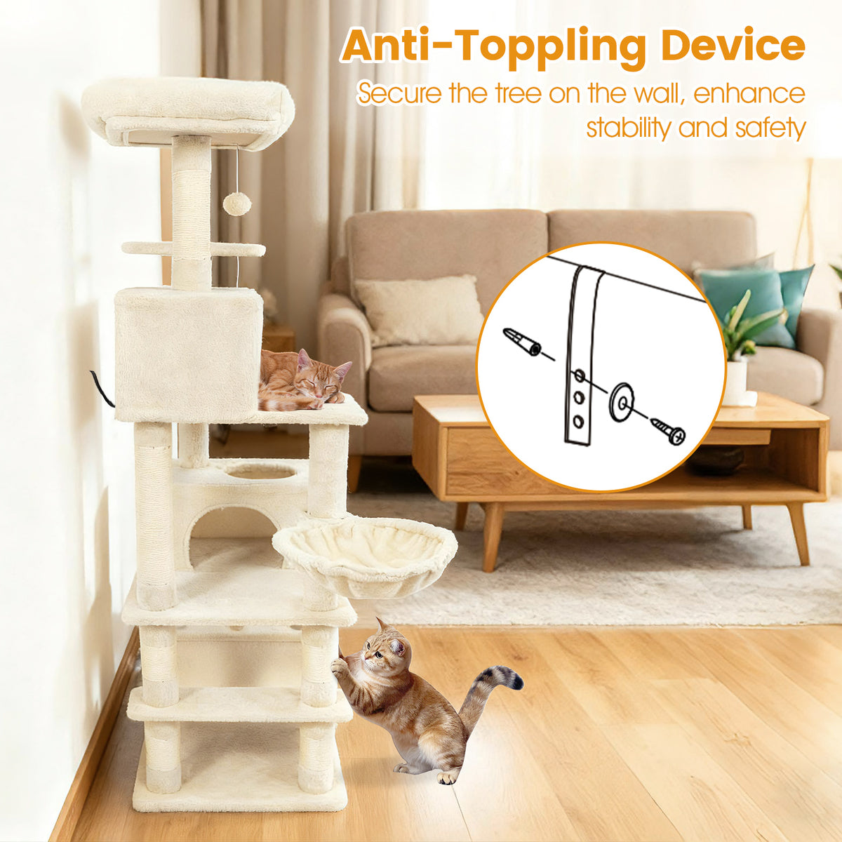 66 Inch Tall Cat Tree Multi-Level Cat Tower with 2 Condos & Sisal Scratching Posts - Beige
