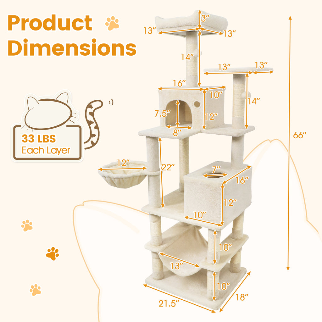 66 Inch Tall Cat Tree Multi-Level Cat Tower with 2 Condos & Sisal Scratching Posts - Beige