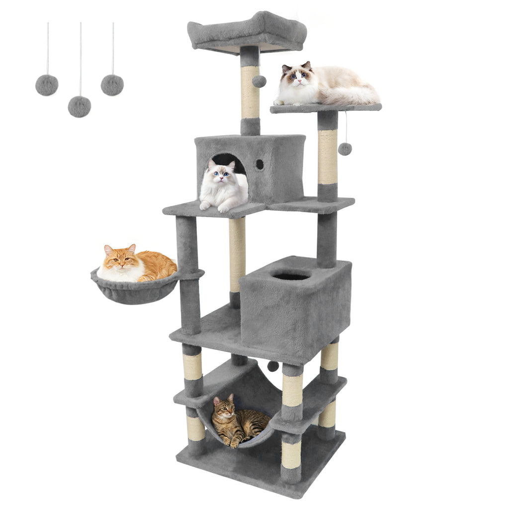 66 Inch Tall Cat Tree with Multi-Level Platforms, 2 Condos, Sisal Posts & Variation - Light Gray