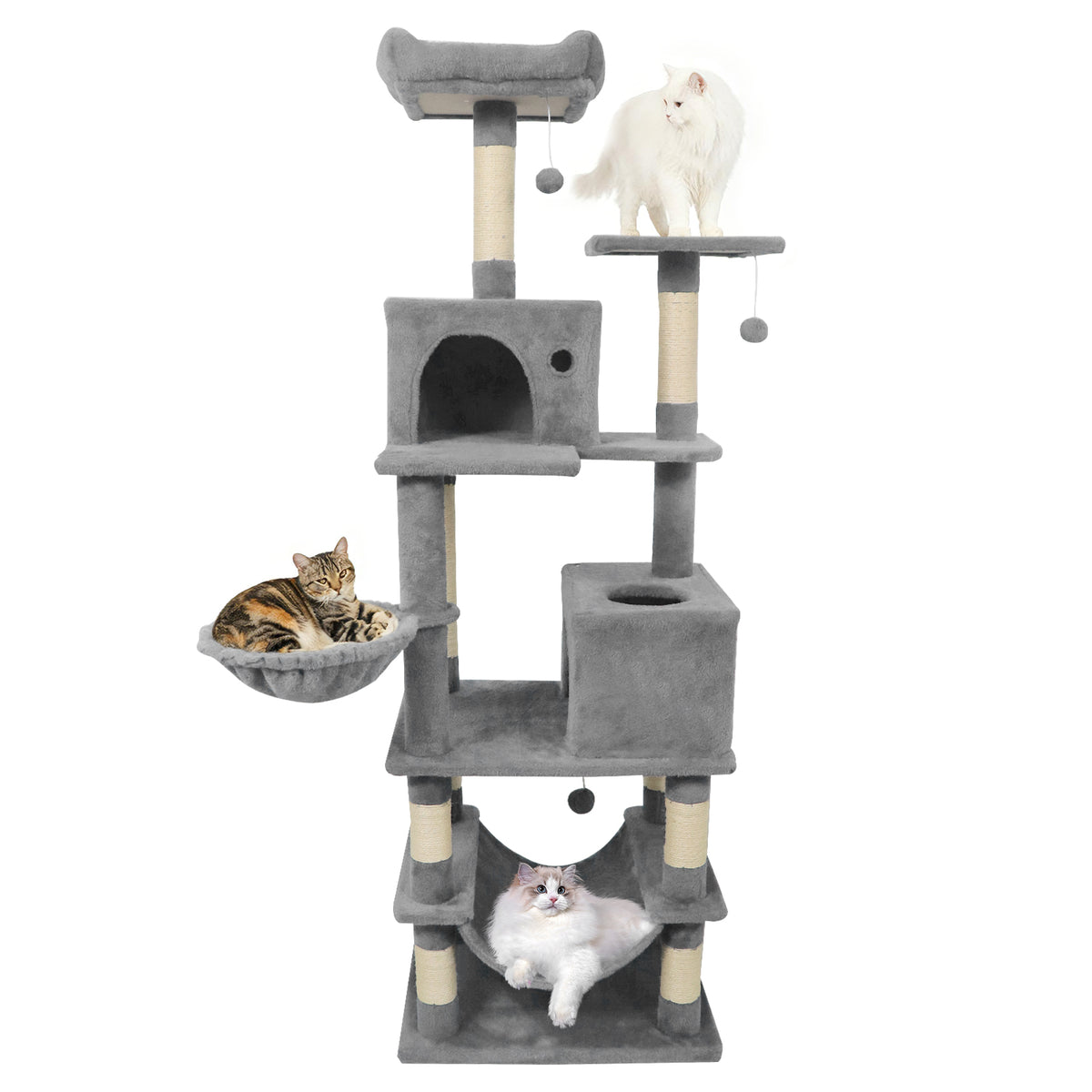 66 Inch Tall Cat Tree with Multi-Level Platforms, 2 Condos, Sisal Posts & Variation - Light Gray