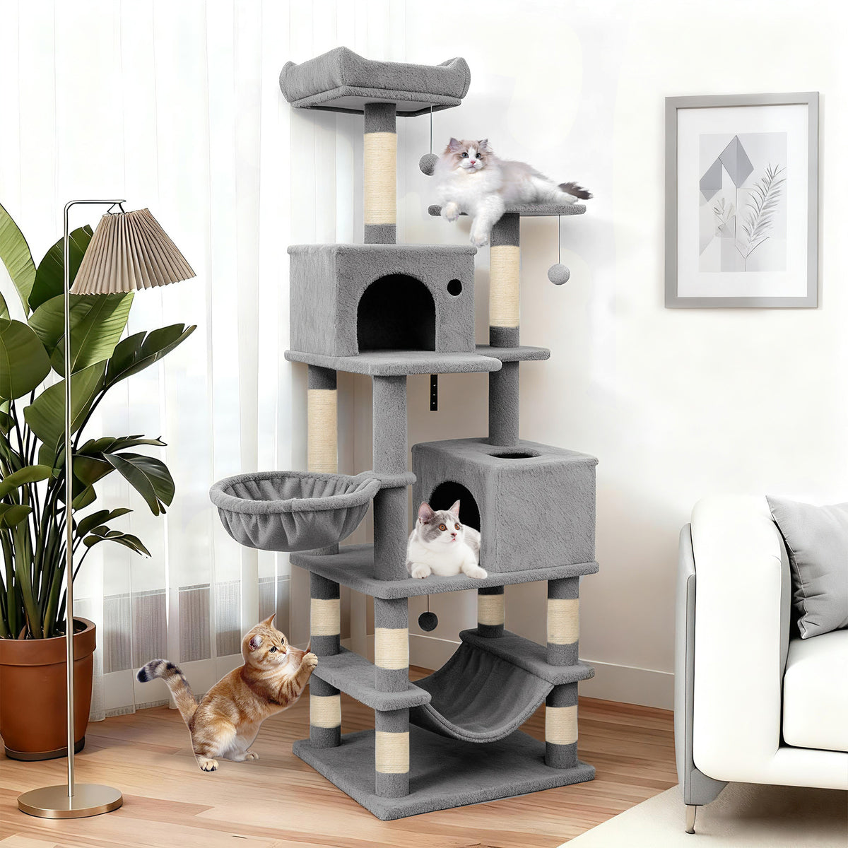 66 Inch Tall Cat Tree with Multi-Level Platforms, 2 Condos, Sisal Posts & Variation - Light Gray