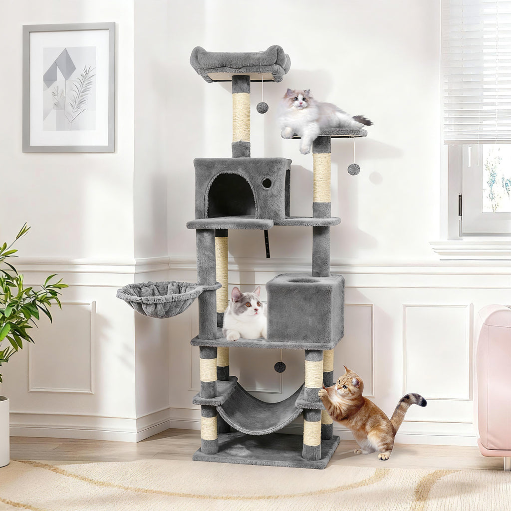 66 Inch Tall Cat Tree with Multi-Level Platforms, 2 Condos, Sisal Posts & Variation - Light Gray