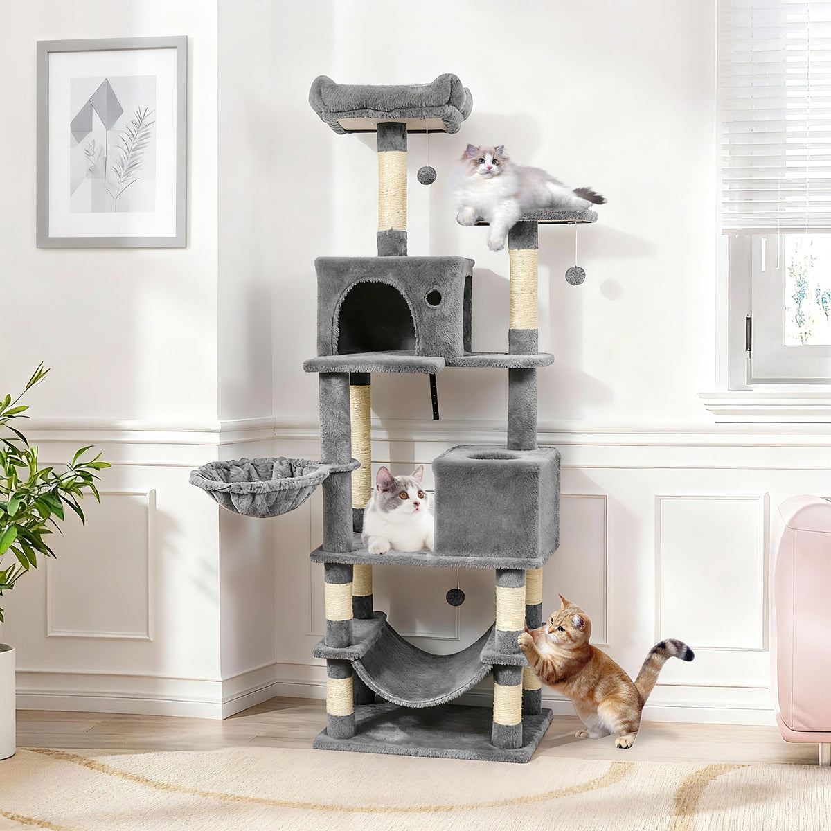 66 Inch Tall Cat Tree with Multi-Level Platforms, 2 Condos, Sisal Posts & Variation - Light Gray