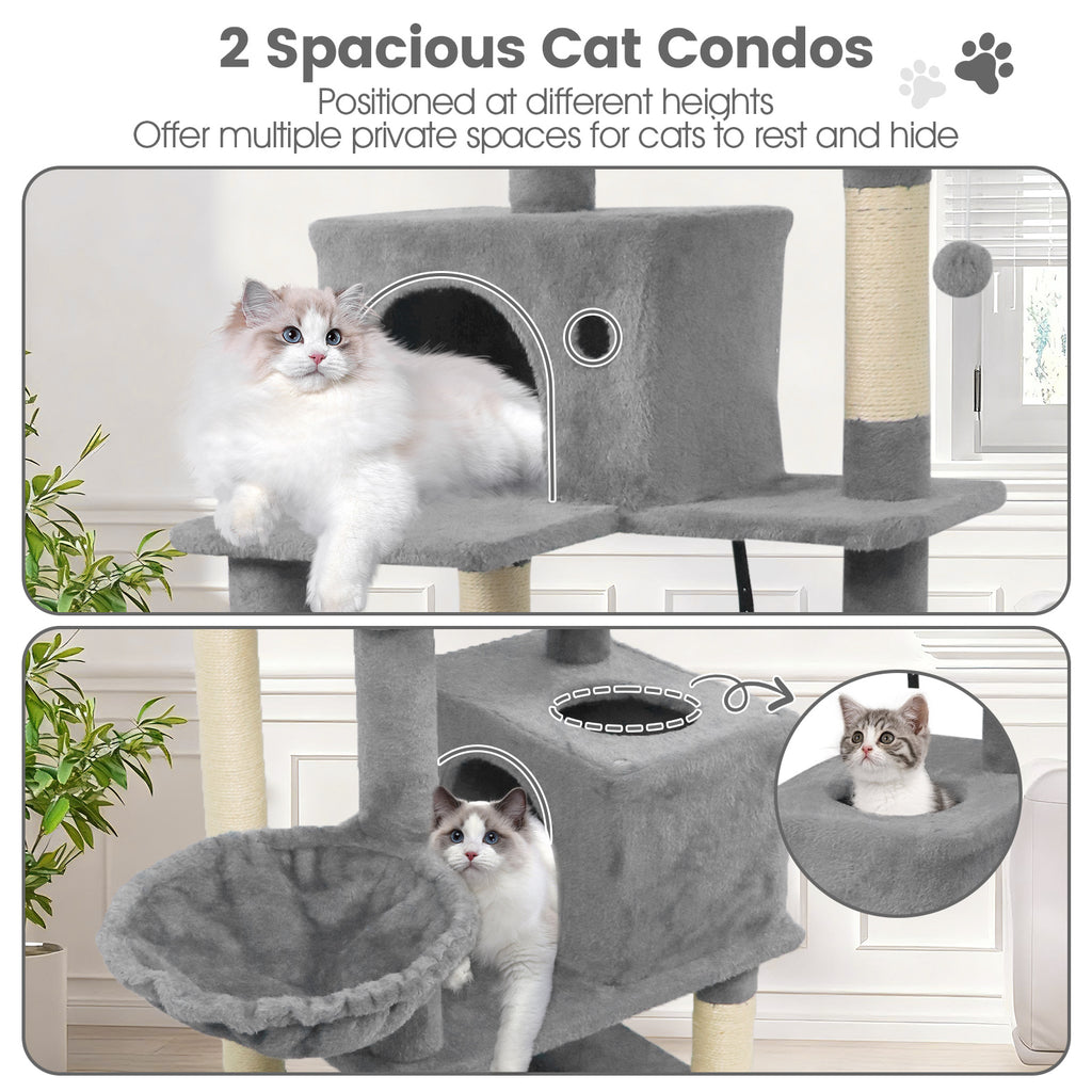 66 Inch Tall Cat Tree with Multi-Level Platforms, 2 Condos, Sisal Posts & Variation - Light Gray