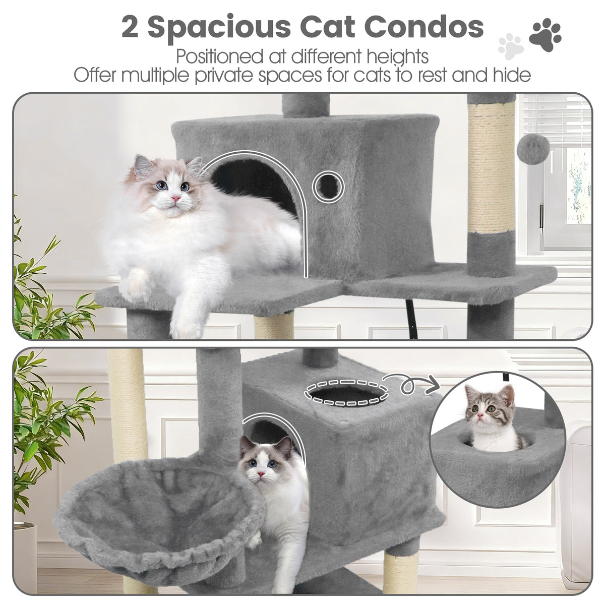 66 Inch Tall Cat Tree with Multi-Level Platforms, 2 Condos, Sisal Posts & Variation - Light Gray