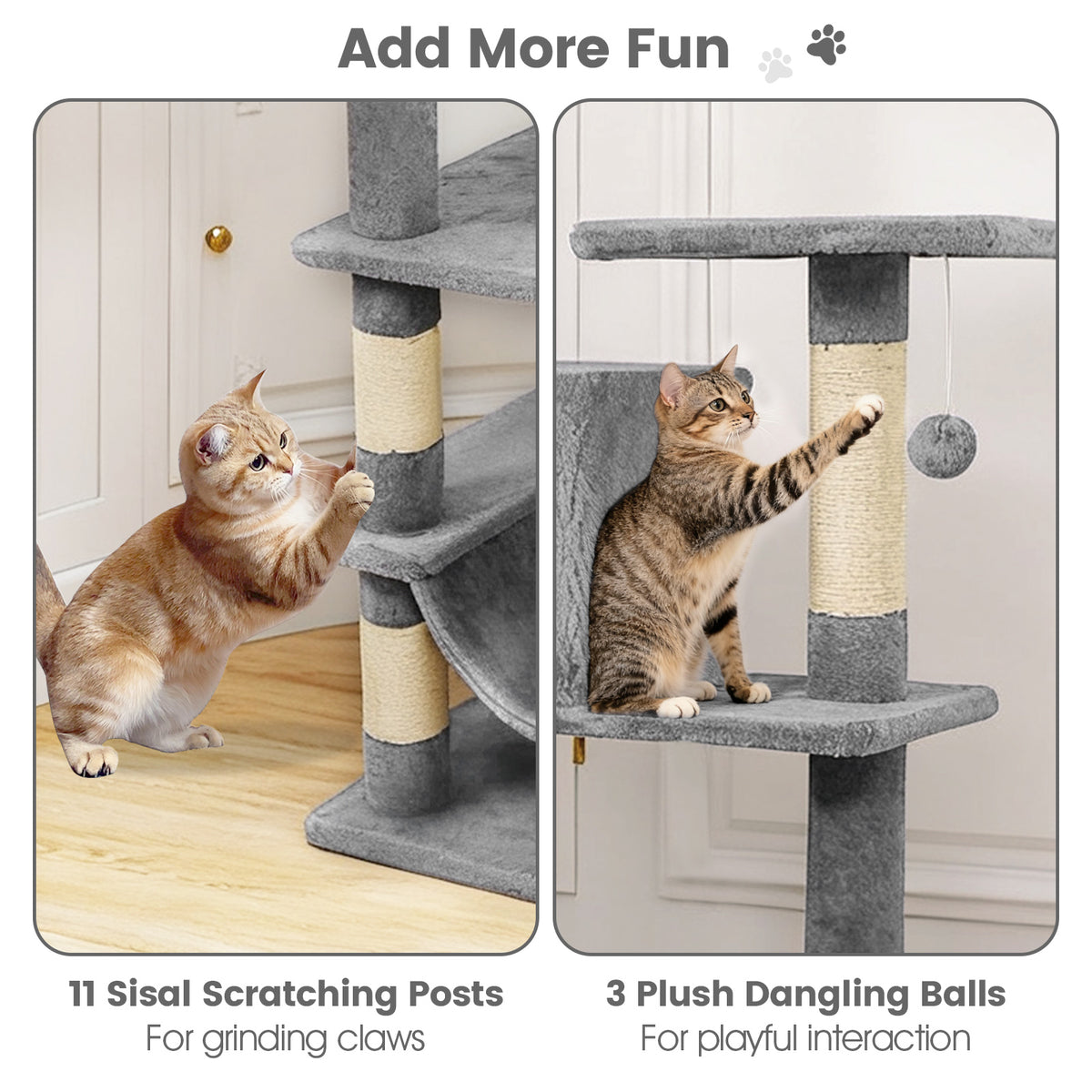 66 Inch Tall Cat Tree with Multi-Level Platforms, 2 Condos, Sisal Posts & Variation - Light Gray