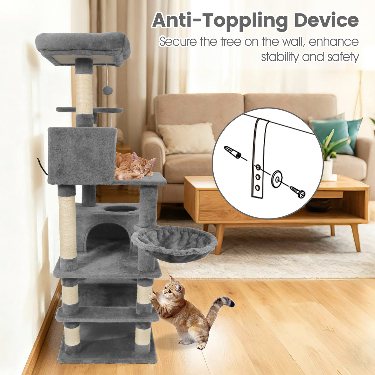 66 Inch Tall Cat Tree with Multi-Level Platforms, 2 Condos, Sisal Posts & Variation - Light Gray