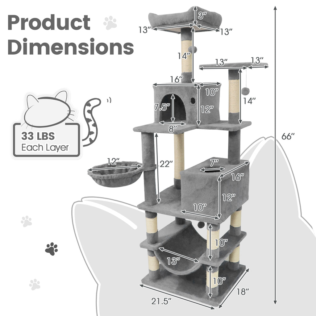 66 Inch Tall Cat Tree with Multi-Level Platforms, 2 Condos, Sisal Posts & Variation - Light Gray