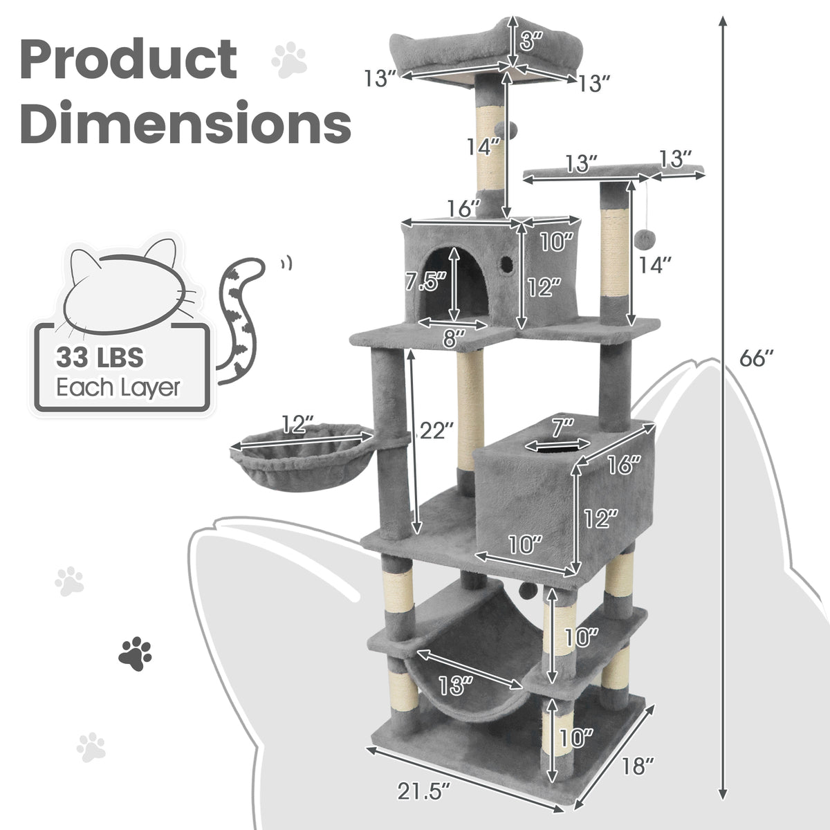 66 Inch Tall Cat Tree with Multi-Level Platforms, 2 Condos, Sisal Posts & Variation - Light Gray