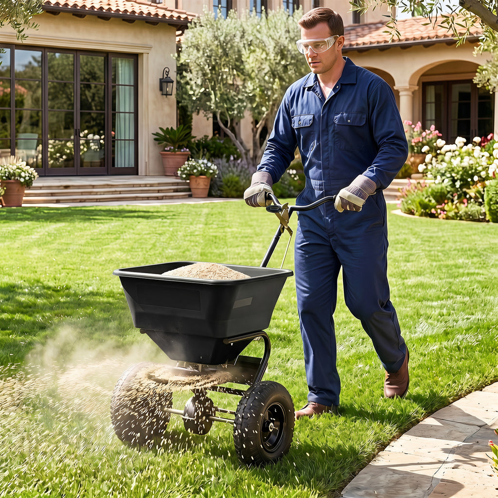 66 LBS Walk-Behind Broadcast Spreader with 13 Inch All-Terrain Tires