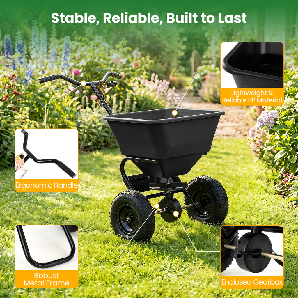 66 LBS Walk-Behind Broadcast Spreader with 13 Inch All-Terrain Tires