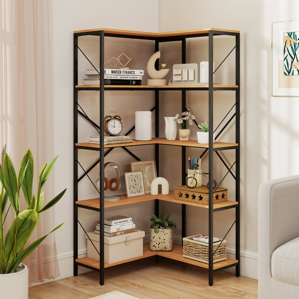 66" Tall 5-Tier L-Shaped Bookcase with Metal Frame for Living Room
