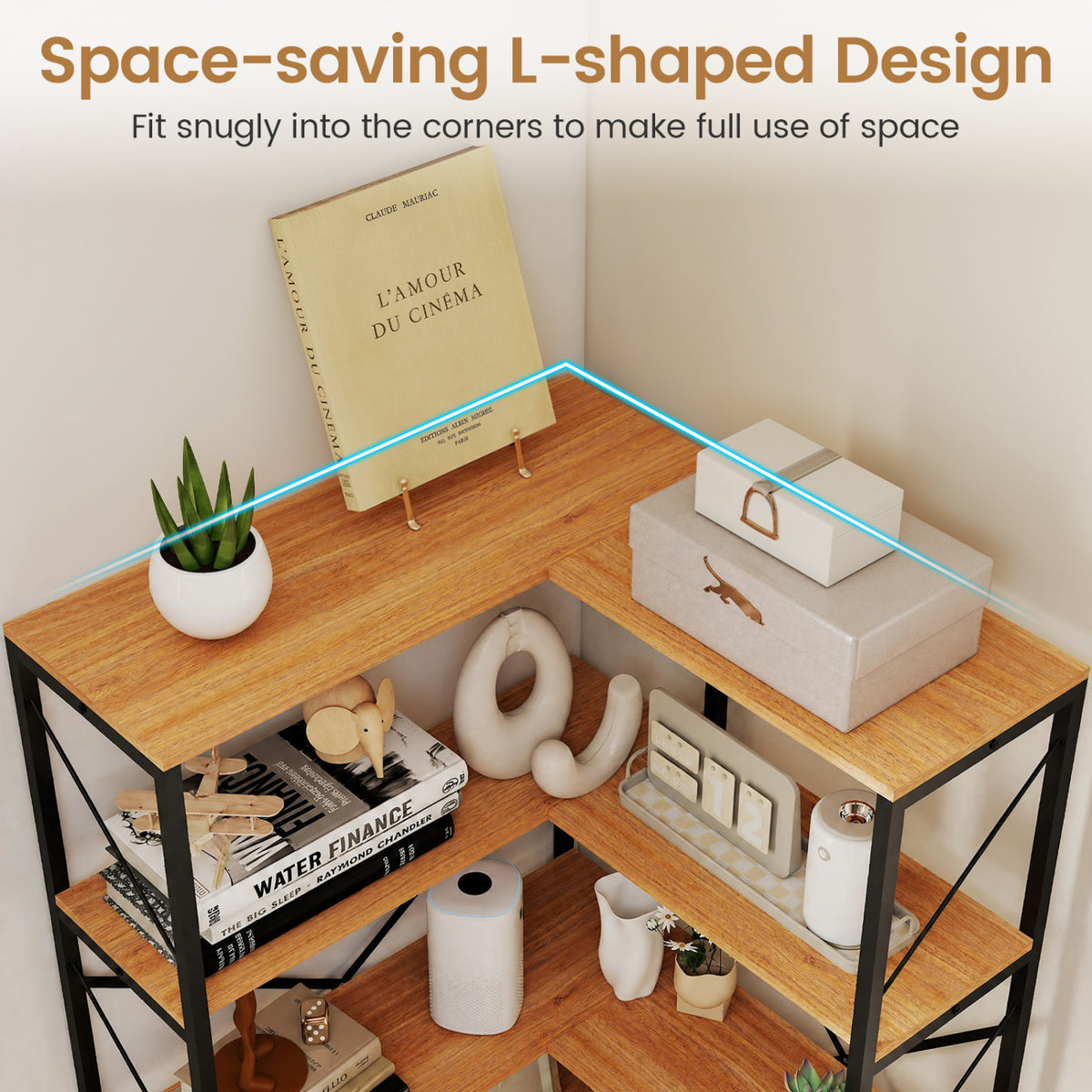 66" Tall 5-Tier L-Shaped Bookcase with Metal Frame for Living Room