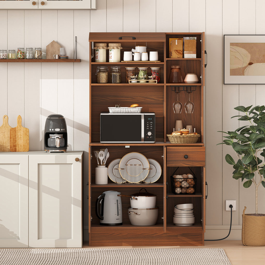 66 inch Pantry Cabinet with Charging Station and Microwave Stand - Brown
