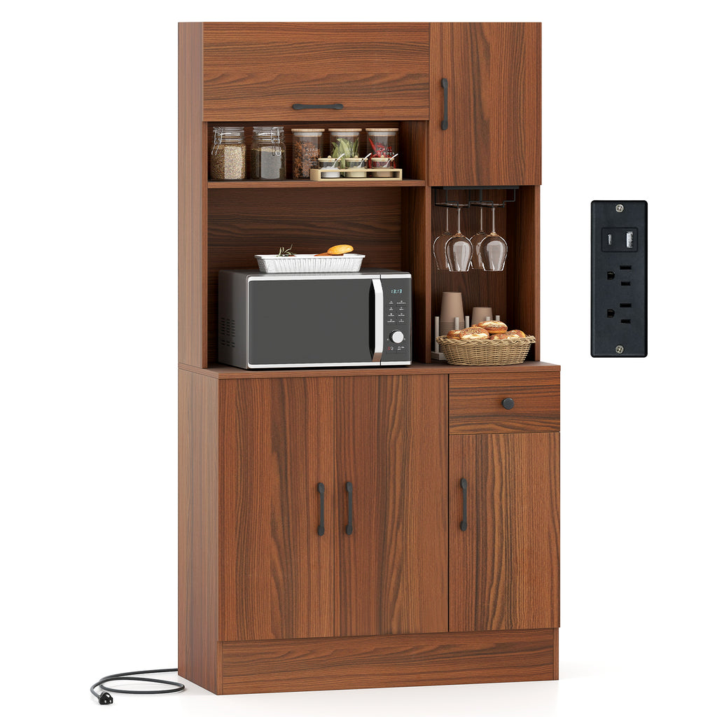 66 inch Pantry Cabinet with Charging Station and Microwave Stand - Brown