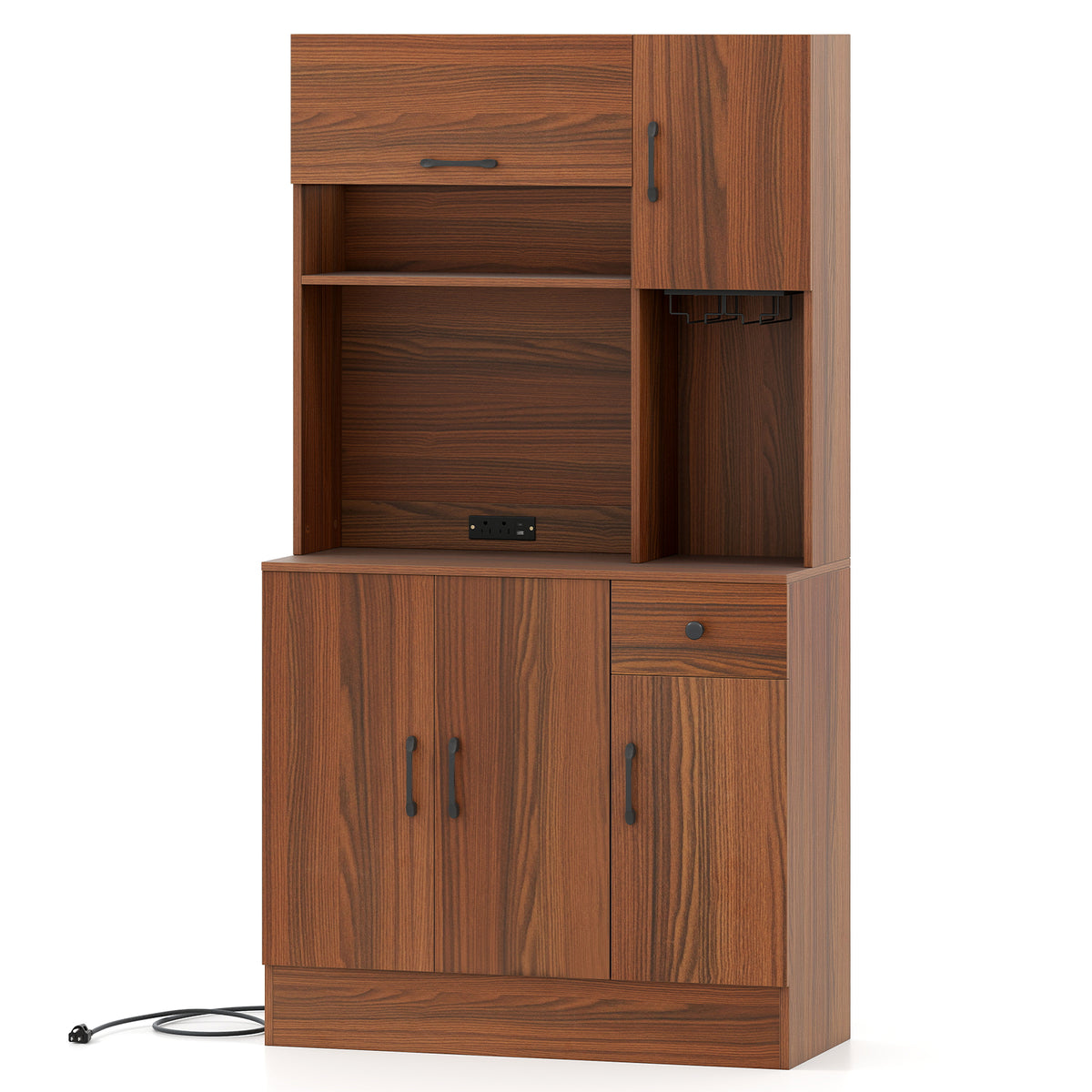 66 inch Pantry Cabinet with Charging Station and Microwave Stand - Brown