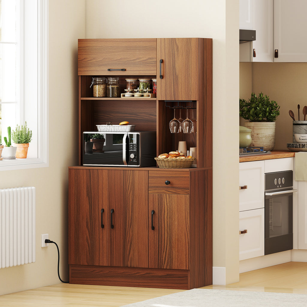 66 inch Pantry Cabinet with Charging Station and Microwave Stand - Brown