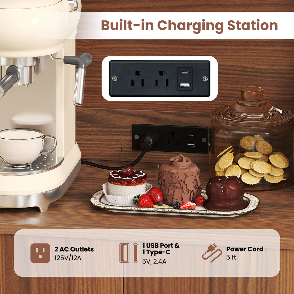 66 inch Pantry Cabinet with Charging Station and Microwave Stand - Brown