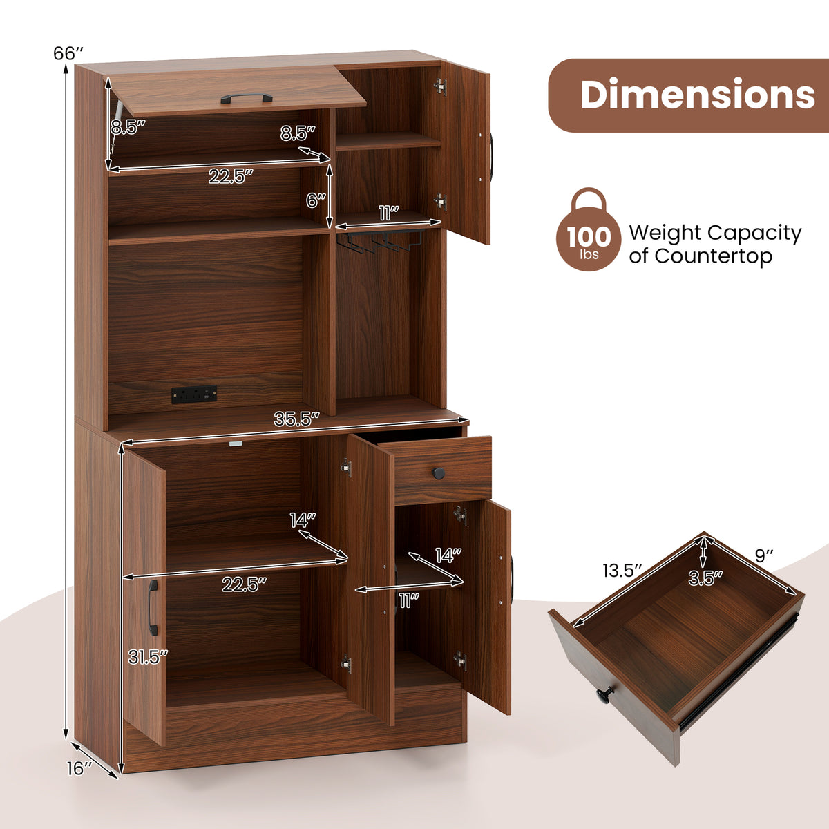 66 inch Pantry Cabinet with Charging Station and Microwave Stand - Brown
