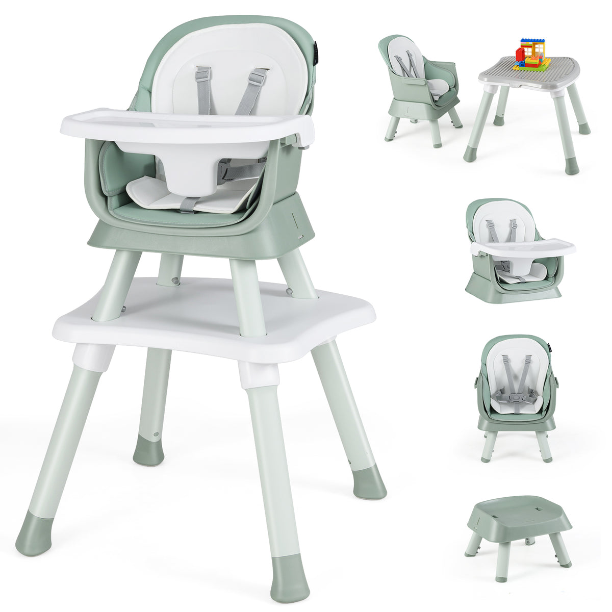 Green 8-in-1 Convertible Baby High Chair with Adjustable Removable Tray