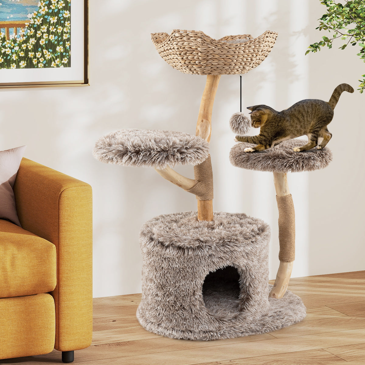 Wood Cat Tree Solid Pear Cat Tower with Perch & Sisal Posts - Brown
