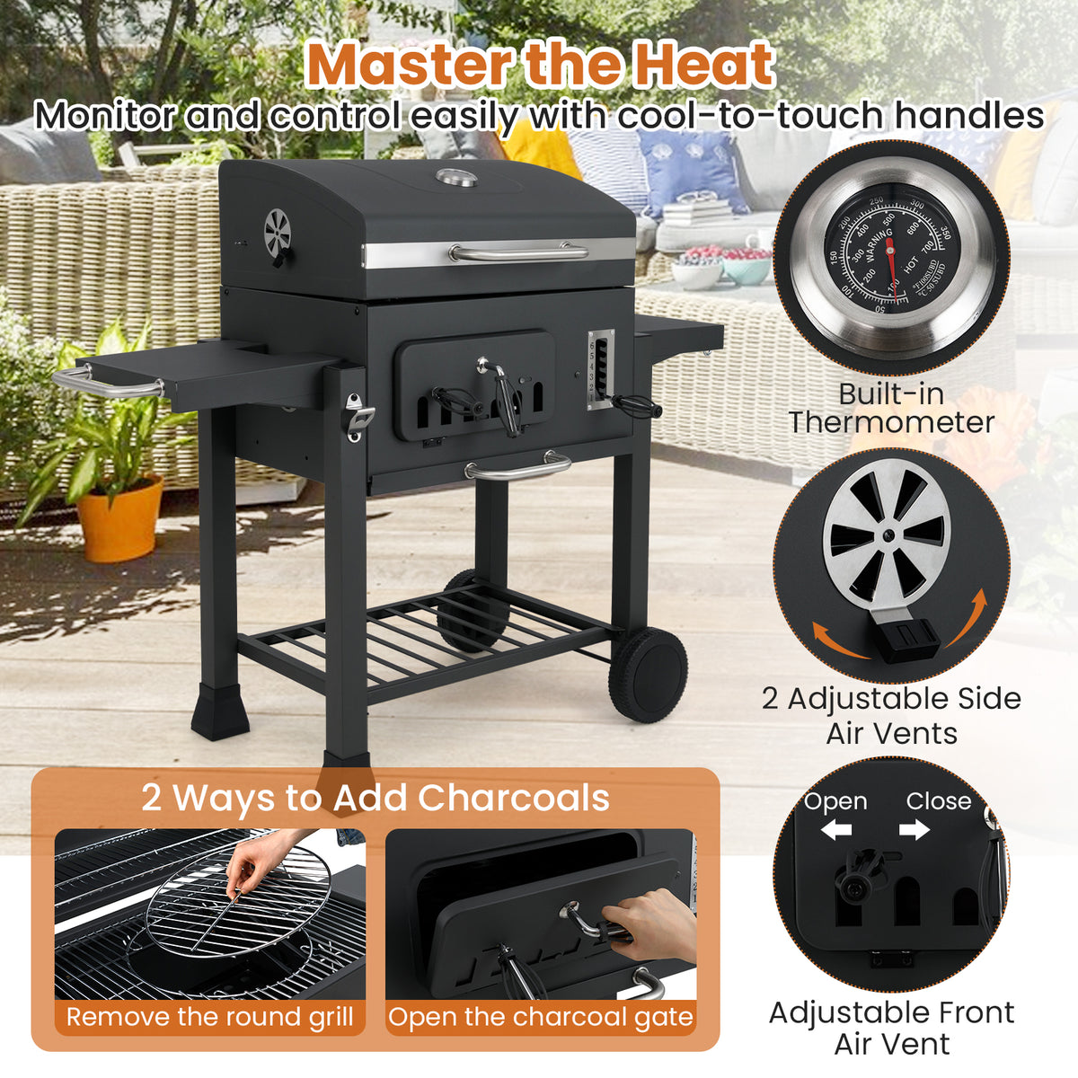 24-Inch Barrel Charcoal Grill with 2 Folding Side Tables and 544