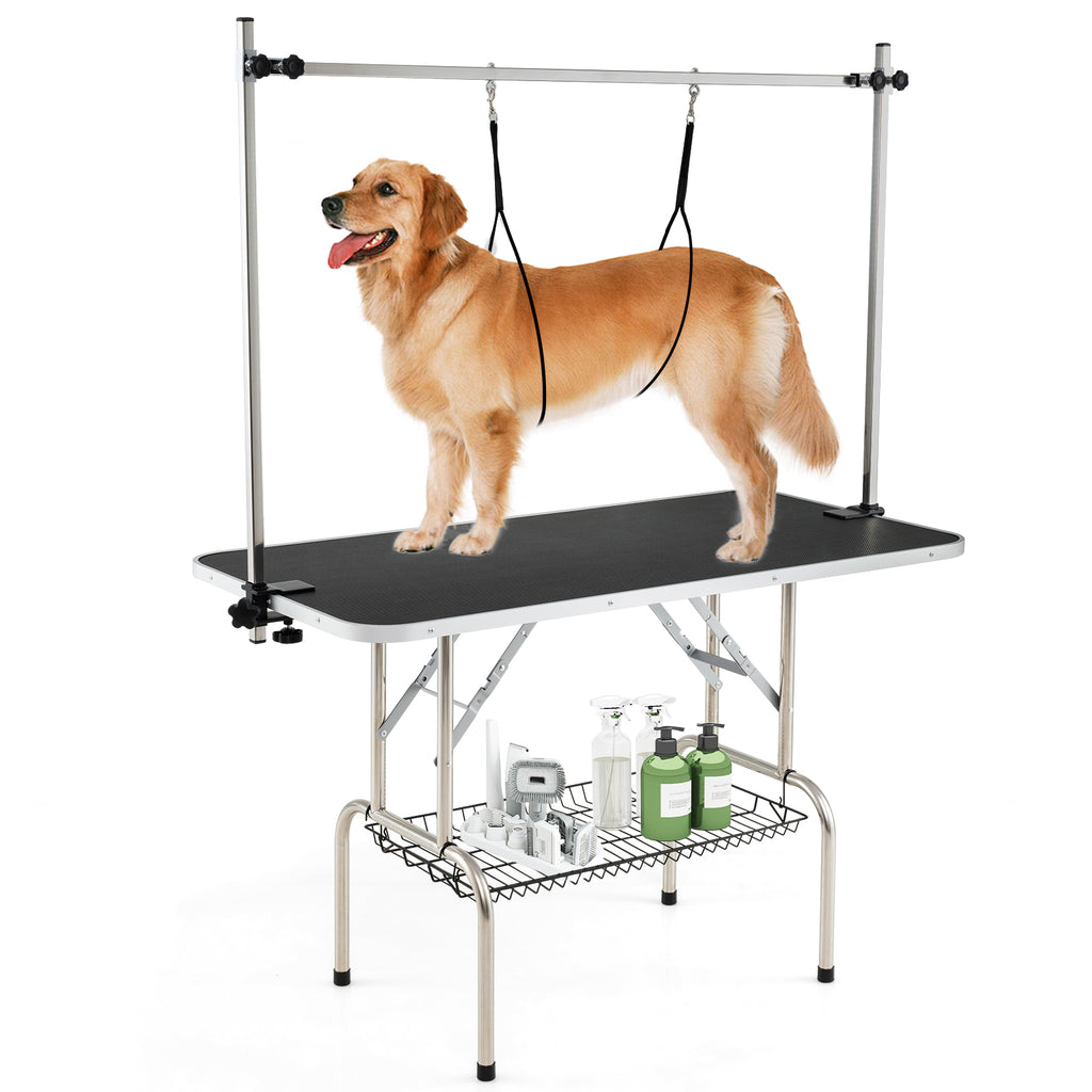 Foldable Dog Grooming Table with Height Adjustable Arms - Black - Space-Saving Pet Grooming Station