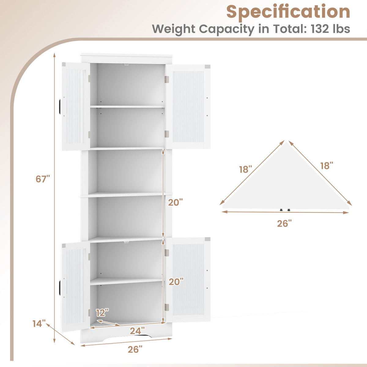 67" Corner Buffet Cabinet with Glass Doors - White