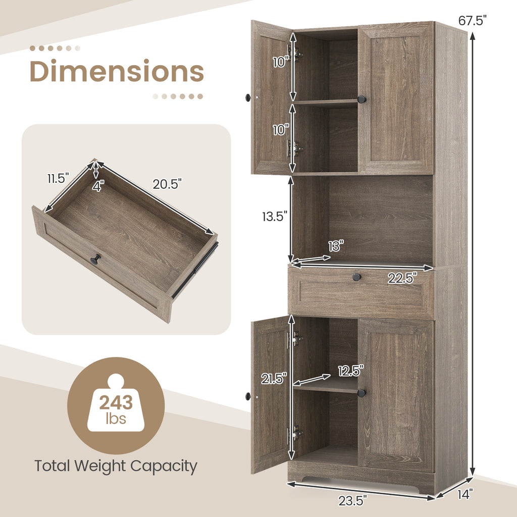 67.5 Inch Tall Floor Storage Cabinet with 4 Doors - Oak