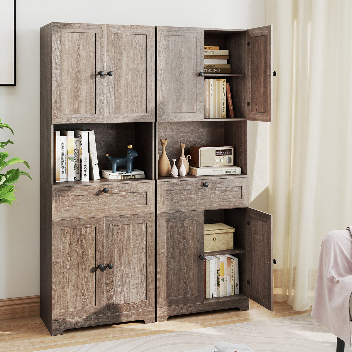 67.5 Inch Tall Floor Storage Cabinet with 4 Doors - Oak